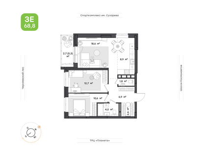 3-к. квартира, 68&nbsp;м²