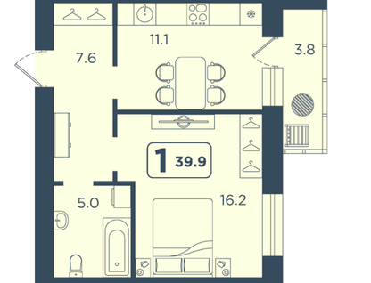 1-к. квартира, 39,7&nbsp;м²