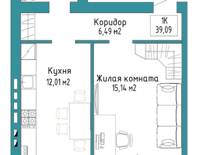 1-к. квартира, 39,1&nbsp;м²