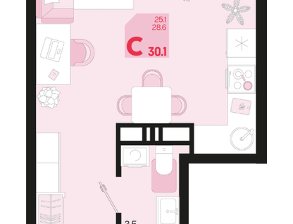 Студия, 30,1&nbsp;м²