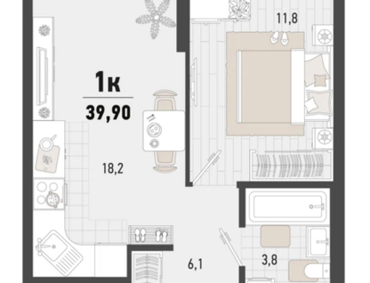 1-к. квартира, 39,9&nbsp;м²