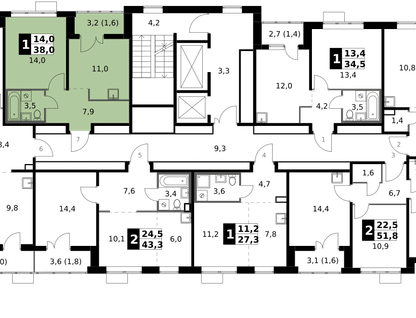 1-к. квартира, 38&nbsp;м²