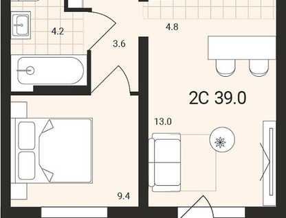 2-к. квартира, 39&nbsp;м²