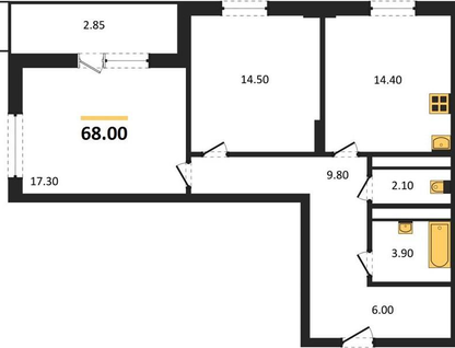 2-к. квартира, 68&nbsp;м²