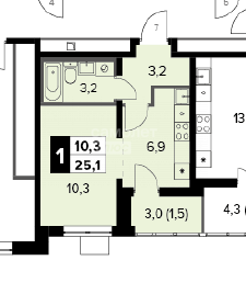 1-к. квартира, 25,1&nbsp;м²