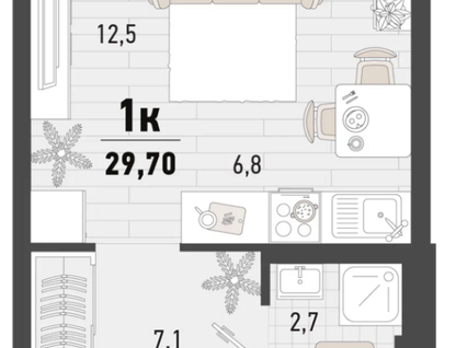 1-к. квартира, 29,7 м²