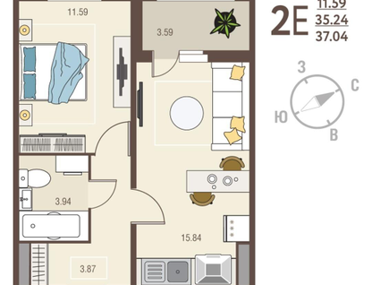 1-к. квартира, 35,2 м²