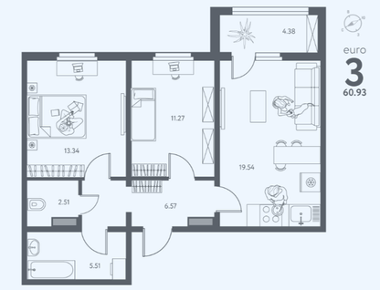 2-к. квартира, 60,9 м²