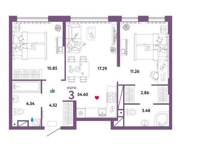 3-к. квартира, 54,5&nbsp;м²