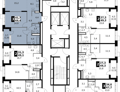 3-к. квартира, 69 м²