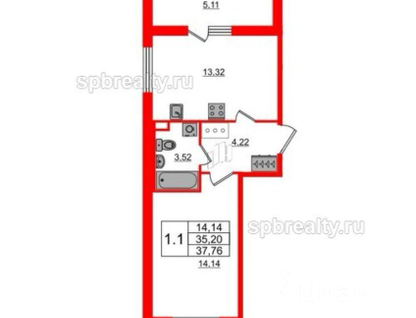 1-к. квартира, 37,8 м²