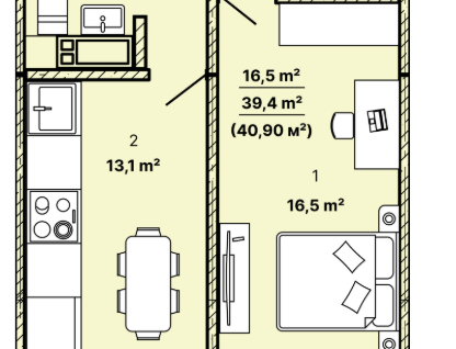 2-к. квартира, 40,9&nbsp;м²