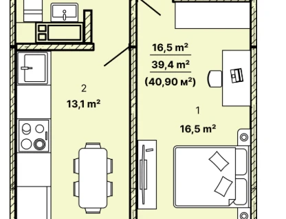 2-к. квартира, 40,9&nbsp;м²