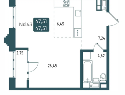 1-к. квартира, 47,5&nbsp;м²