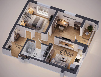 2-к. квартира, 61,1&nbsp;м²