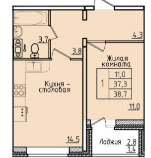1-к. квартира, 37,2&nbsp;м²