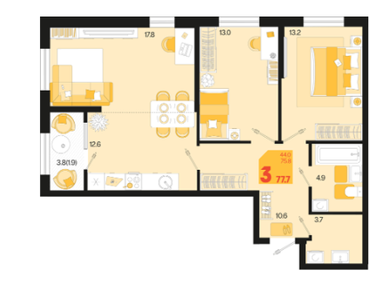 3-к. квартира, 77,7 м²