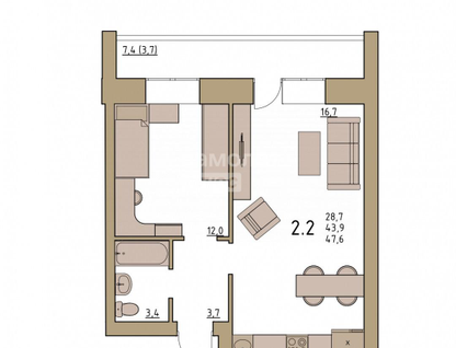 2-к. квартира, 47,6&nbsp;м²
