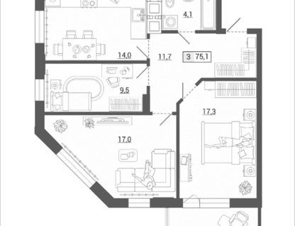 3-к. квартира, 75,1 м²