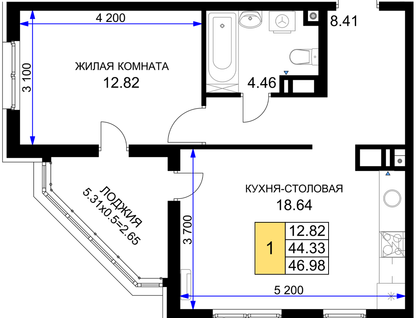 1-к. квартира, 47&nbsp;м²