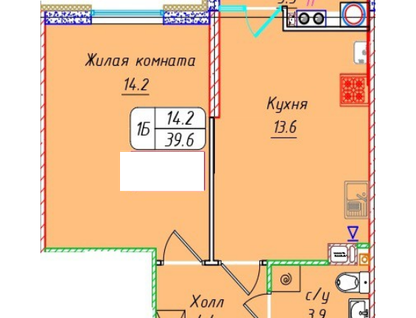 1-к. квартира, 39,6&nbsp;м²