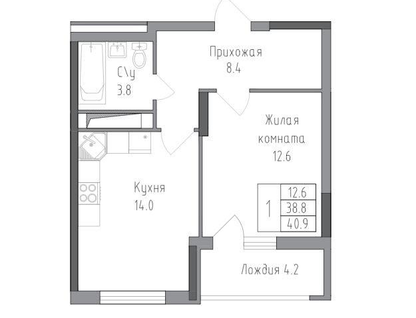 1-к. квартира, 41,7&nbsp;м²