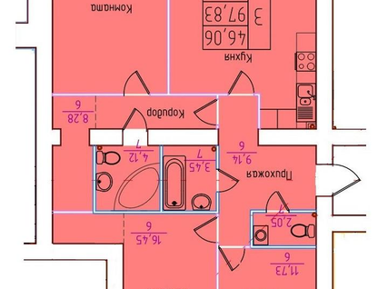 3-к. квартира, 97,1&nbsp;м²