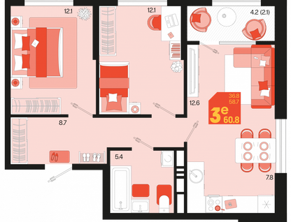 2-к. квартира, 60,8 м²