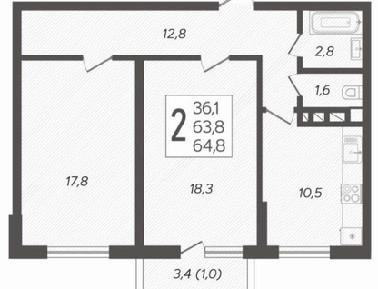 2-к. квартира, 64,8 м²