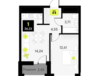 1-к. квартира, 36&nbsp;м²