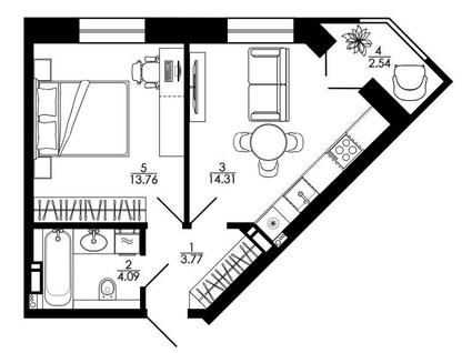 1-к. квартира, 39,8&nbsp;м²