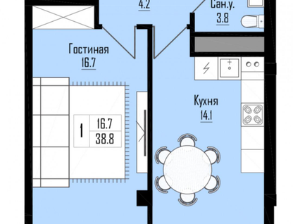 1-к. квартира, 38,8&nbsp;м²