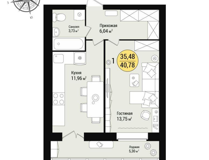 1-к. квартира, 40,8&nbsp;м²