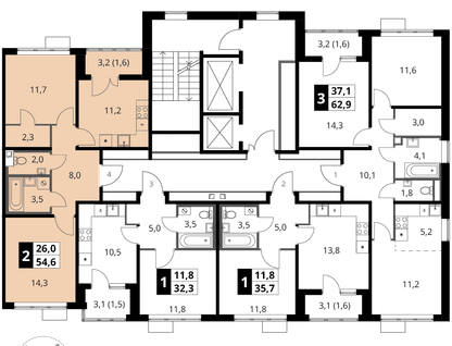 2-к. квартира, 54&nbsp;м²
