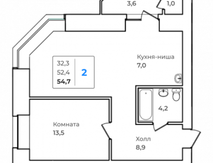 2-к. квартира, 52,1&nbsp;м²