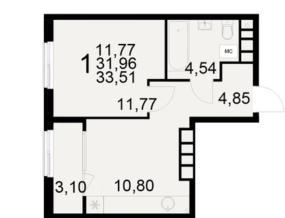 1-к. квартира, 33,5&nbsp;м²