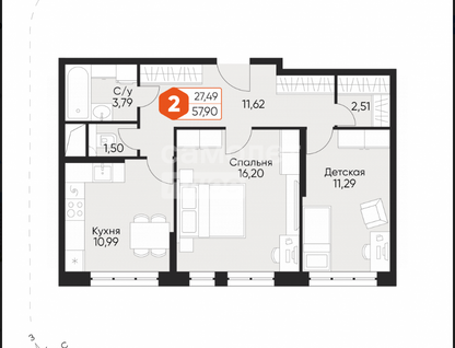 2-к. квартира, 57,9&nbsp;м²