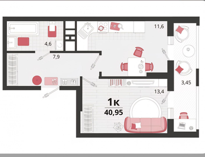 1-к. квартира, 41&nbsp;м²
