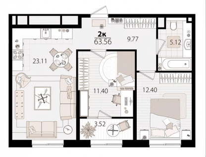 2-к. квартира, 63,1&nbsp;м²