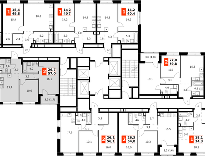 2-к. квартира, 57 м²