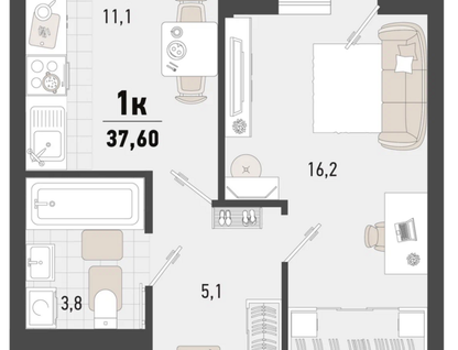 1-к. квартира, 37,6&nbsp;м²