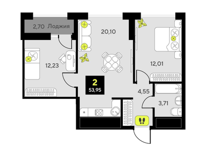 2-к. квартира, 53&nbsp;м²