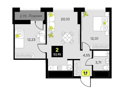 2-к. квартира, 53&nbsp;м²