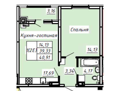 1-к. квартира, 40,9&nbsp;м²
