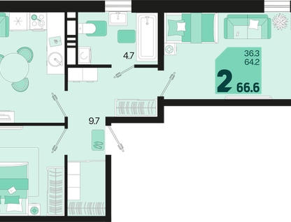 2-к. квартира, 66,6 м²
