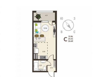 Студия, 26,7&nbsp;м²