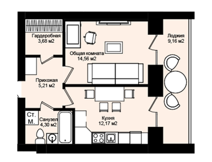 1-к. квартира, 49,1&nbsp;м²