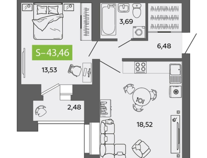 2-к. квартира, 43,5 м²