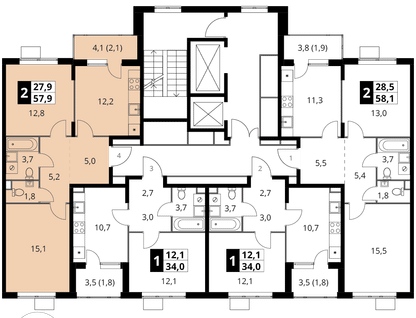 2-к. квартира, 57&nbsp;м²