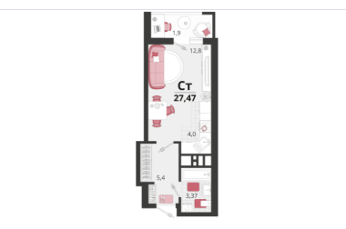 Студия, 27,5&nbsp;м²
